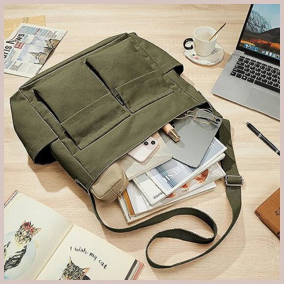 Canvas Tote Bag Messenger Bag, Large Crossbody Bag Army Green - Picture 7 of 9